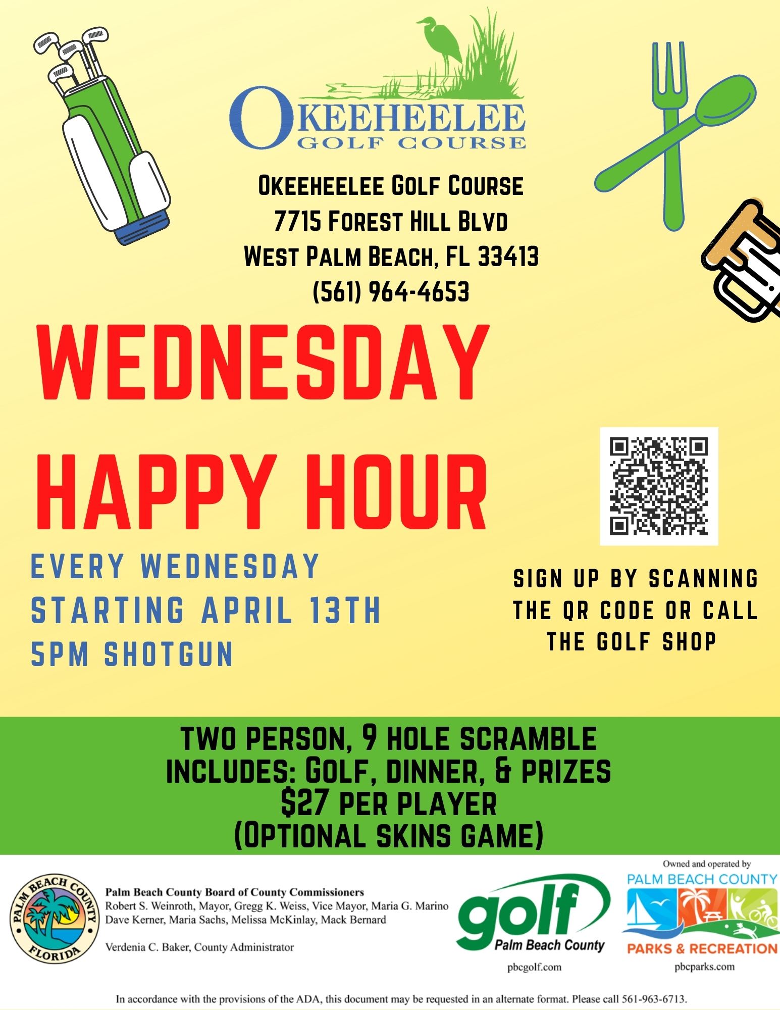 Flyer for Wednesday Happy Hour Event at Okeeheelee Golf Course